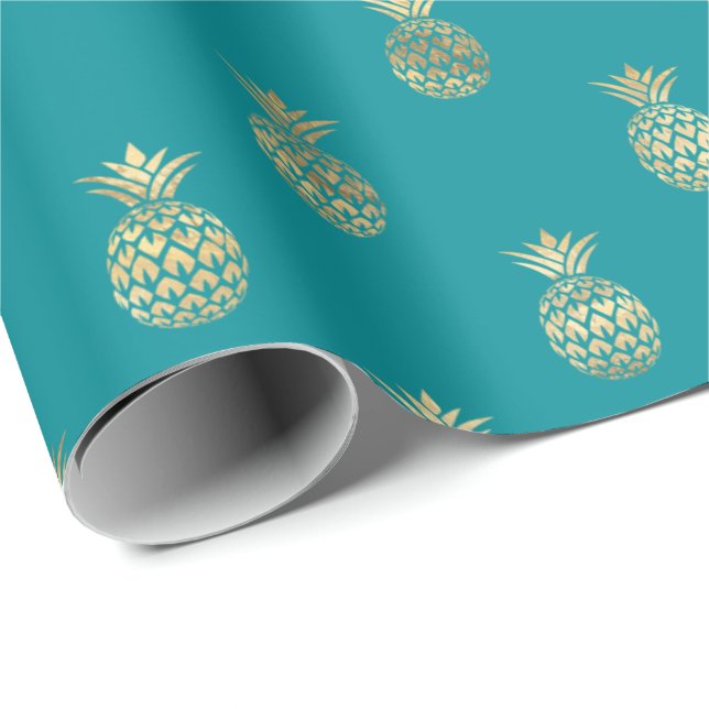 Papier Cadeau Motif d'ananas Turquoise Tropical (Coin rond)