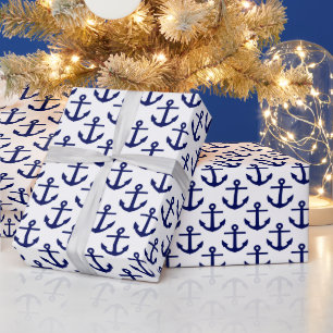 Papier Cadeau Motif d'Ancres Bleu blanc et bleu marine