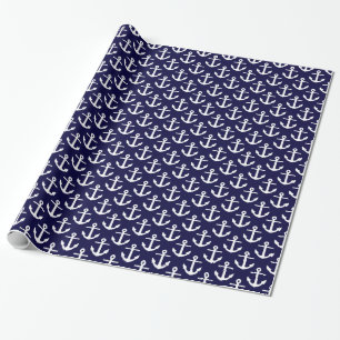 Papier Cadeau Motif d'ancres nautiques bleu marine blanc