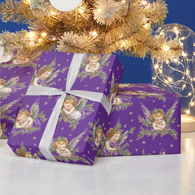 Papier Cadeau motif d'anges violets vintages (Vacances)