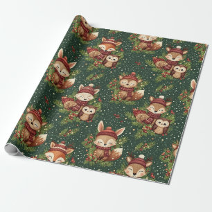 Papier Cadeau Motif d'animaux de la forêt hivernale Cottagecore