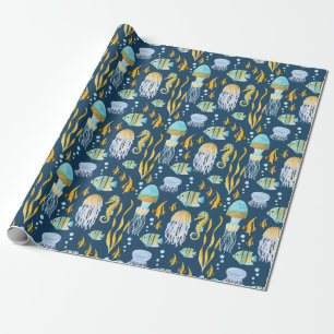 Papier Cadeau Motif d'animaux marins à l'aquarelle