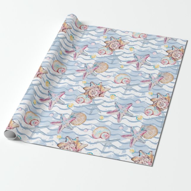 Papier Cadeau Motif d'animaux marins à l'aquarelle (Déroulé)