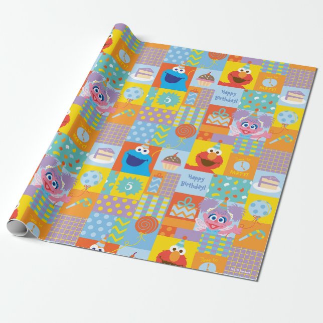Papier Cadeau Motif d'anniversaire Elmo, Abby et Cookie Monster (Déroulé)