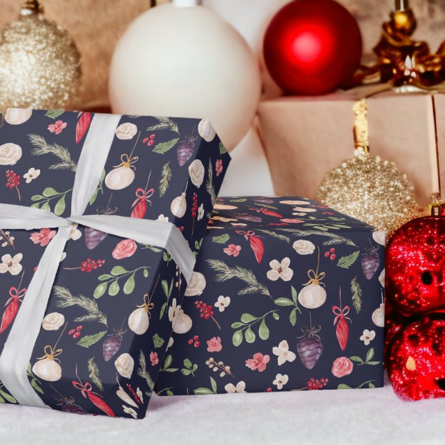 Papier Cadeau Motif d'aquarelle à fleurs de Noël rustique (Rustic Christmas floral bauble watercolor pattern Wrapping Paper on navy blue)