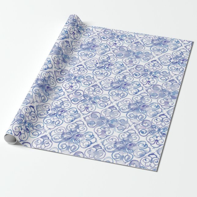 Papier Cadeau Motif d'aquarelle bleu Fleur de Lis (Déroulé)