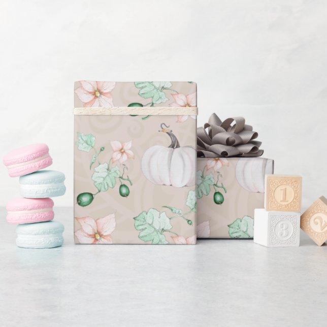 Papier Cadeau Motif d'aquarelle Citrouille blanc (Baby Shower)