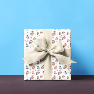 Papier Cadeau Motif d'aquarelle de la chouette   Blanc