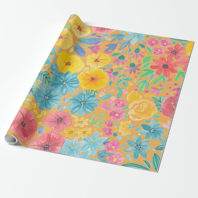 Papier Cadeau Motif d'aquarelle florale en jaune (Déroulé)
