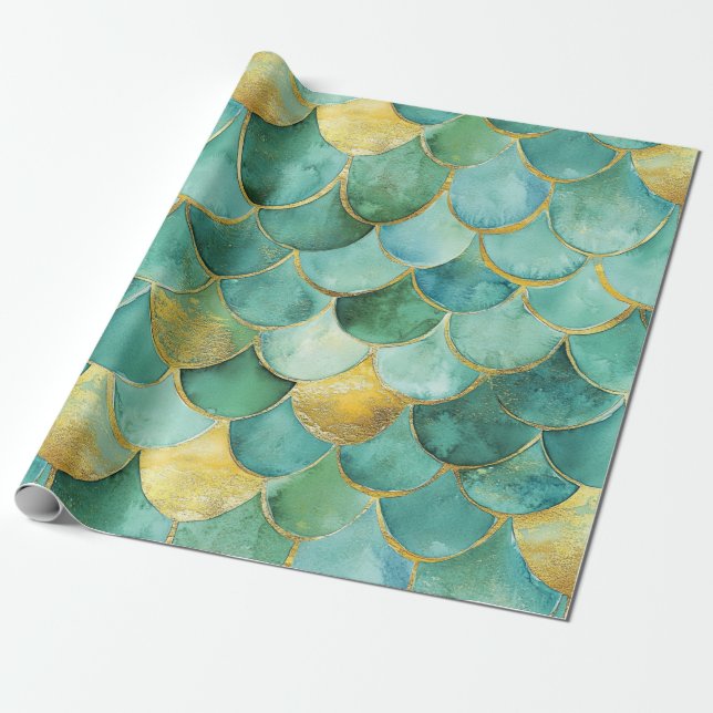 Papier Cadeau Motif d'aquarelle Gold Aqua Mermaid (Déroulé)