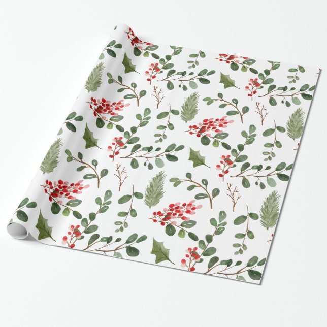 Papier Cadeau Motif d'aquarelle Holly Feuille Red Berry (Déroulé)