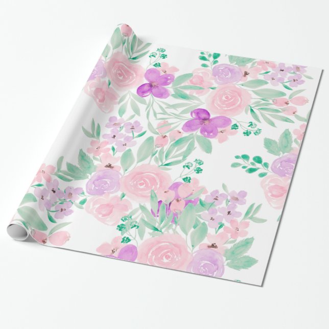 Papier Cadeau Motif d'aquarelle moderne violet rose giro (Déroulé)