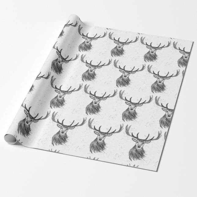 Papier Cadeau Motif d'aquarelle Noël cerf Bois Noir (Déroulé)