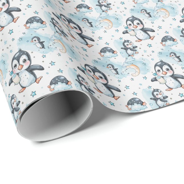 Papier Cadeau Motif d'aquarelle Penguin Cute Baby Pastel (Coin rond)