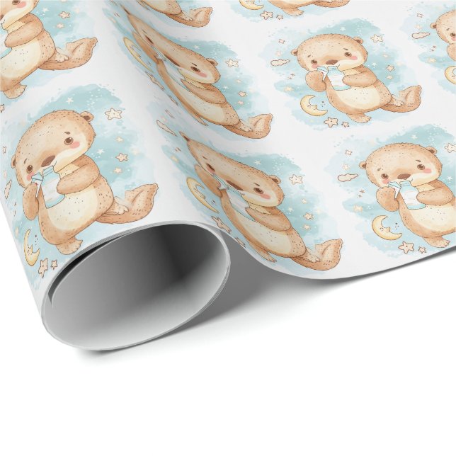 Papier Cadeau Motif d'aquarelle Sea Otter Cute Baby Pastel (Coin rond)