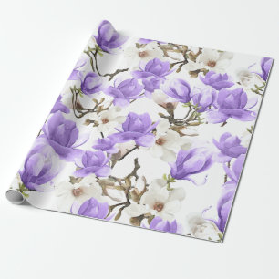 Papier Cadeau Motif d'aquarelle violet et blanc Magnolia Blossom