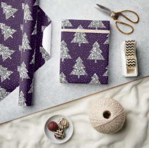 Papier Cadeau Motif d'arbre de Noël à paillettes argentées sur f