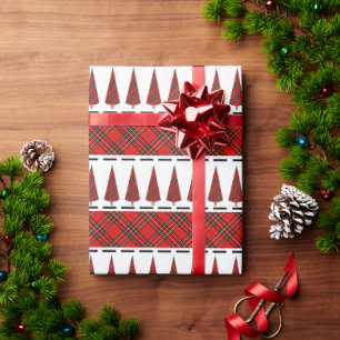 Papier Cadeau Motif d'arbre de Noël à tartan rouge moderne