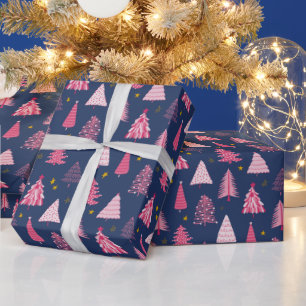 Papier Cadeau Motif d'arbre de Noël bleu et rose