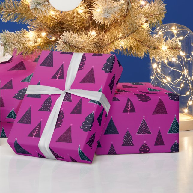 Papier Cadeau Motif d'arbre de Noël bleu et rose (Vacances)