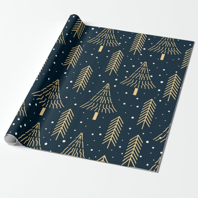 Papier Cadeau Motif d'arbre de Noël bleu vert or (Déroulé)