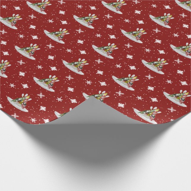 Papier Cadeau Motif d'arbre de Noël de kayak sur le rouge ou (Coin)