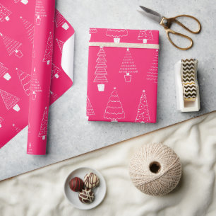 Papier Cadeau Motif d'arbre de Noël en bois rose chaud blanc