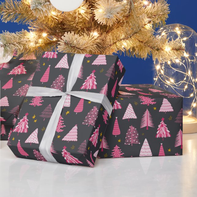 Papier Cadeau Motif d'arbre de Noël gris et rose (Vacances)