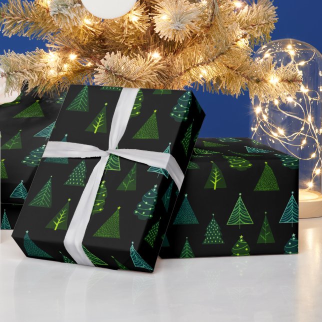 Papier Cadeau Motif d'arbre de Noël noir et vert (Vacances)