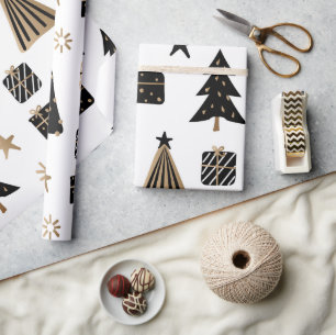 Papier Cadeau Motif d'arbre de Noël Or Minimaliste