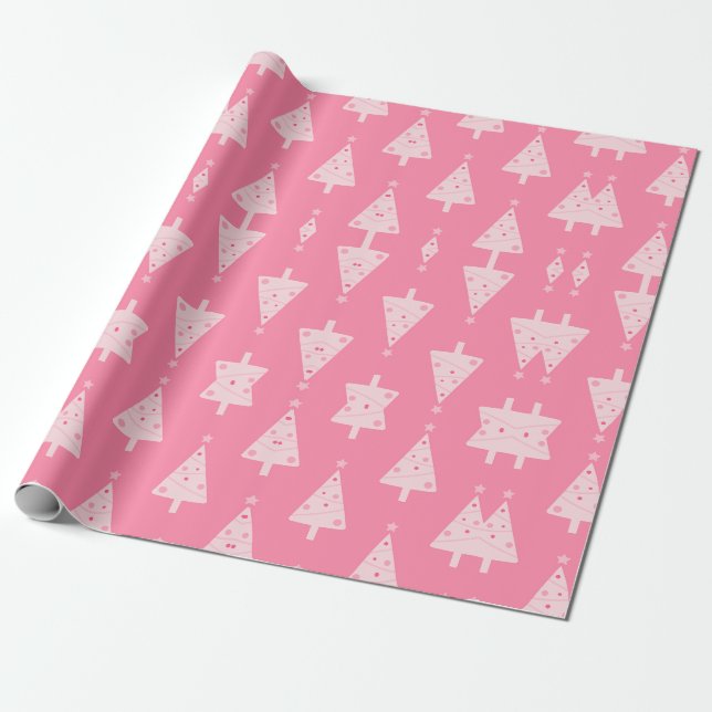 Papier Cadeau Motif d'arbre de Noël rose (Déroulé)