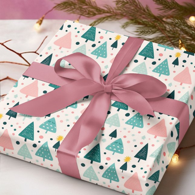 Papier Cadeau Motif d'arbre de Noël rose et vert (Créateur téléchargé)