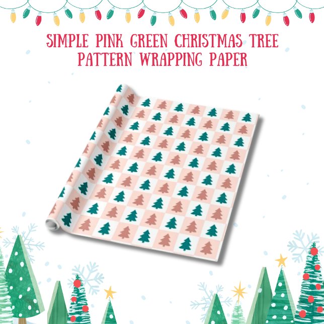 Papier Cadeau Motif d'arbre de Noël rose simple (Simple Pink Green Christmas Tree Pattern Gift Wrap)