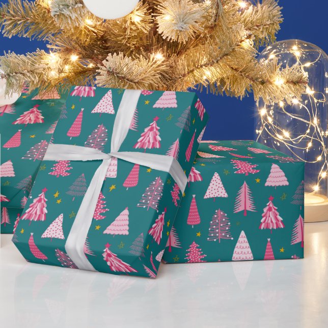 Papier Cadeau Motif d'arbre de Noël turquoise et rose (Vacances)