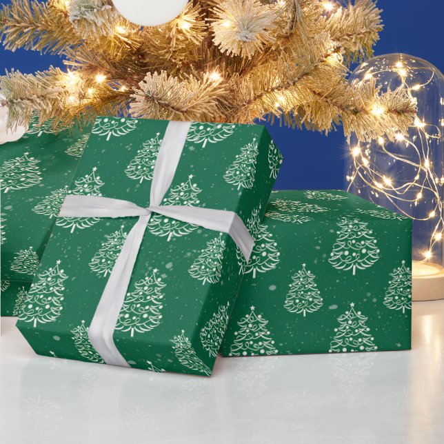 Papier Cadeau Motif d'arbre de Noël vert et blanc (Vacances)