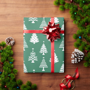 Papier Cadeau Motif d'arbre de Noël vert et blanc festif