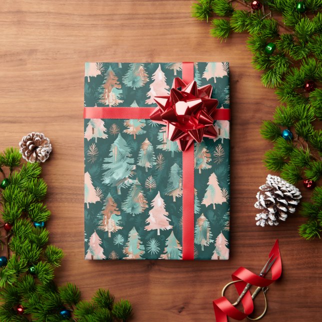 Papier Cadeau Motif d'arbre vert et rose de forêt vierge (Cadeau de vacances)