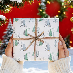 Papier Cadeau Motif d'arbres de Noël à l'aquarelle scandinave