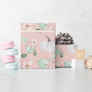 Papier Cadeau Motif d'art aquarelle Citrouille Blanche et Fleurs