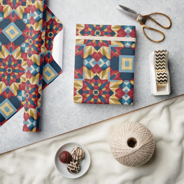 Papier Cadeau motif d'art de bloc de patchwork géométrique vinta (Artisanat)