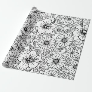 Papier Cadeau Motif d'art en ligne floral noir et blanc élégant