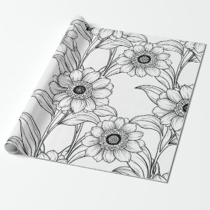 Papier Cadeau Motif d'art en ligne floral noir et blanc élégant