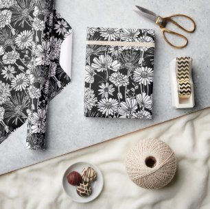 Papier Cadeau Motif d'art floral en noir et blanc de marguerites
