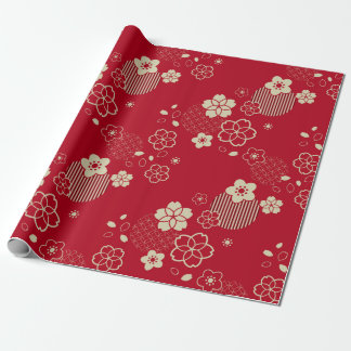 Papier Cadeau motif d'Asie rouge aux fleurs de printemps