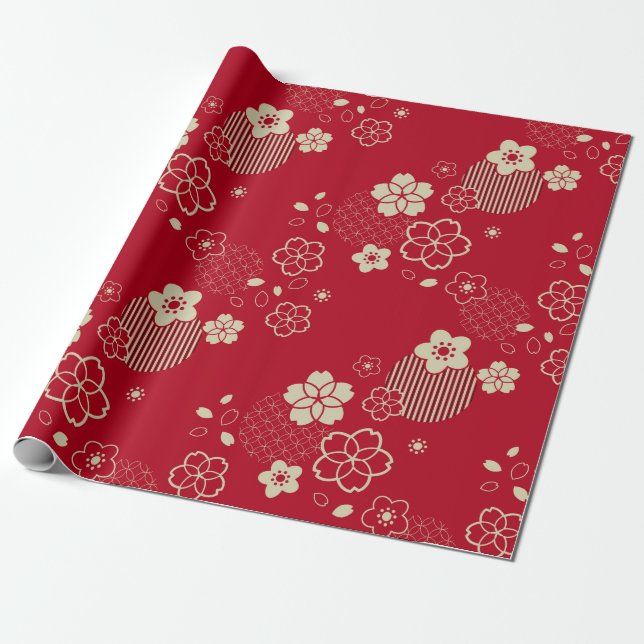 Papier Cadeau motif d'Asie rouge aux fleurs de printemps (Déroulé)