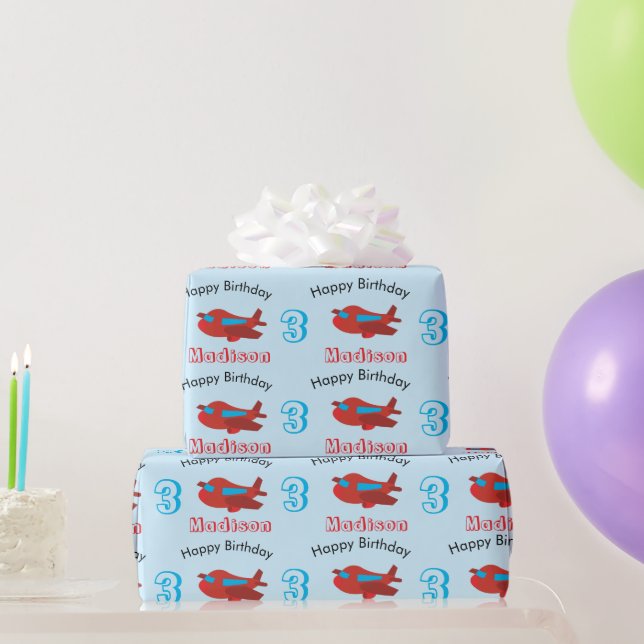 Papier Cadeau Motif d'avion rouge et bleu Anniversaire Nom et âg (Cadeaux de fête)