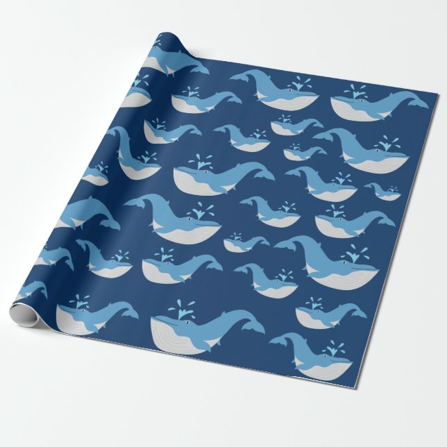Papier Cadeau Motif de baleine d'océan bleu profond (Déroulé)