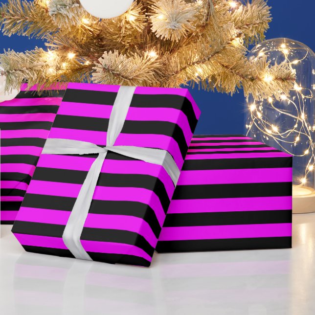 Papier Cadeau Motif de bande rose chaud noir (Vacances)