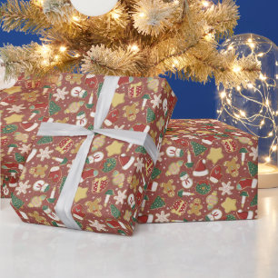 Papier Cadeau Motif de biscuit de Noël au gingembre sur fond rou