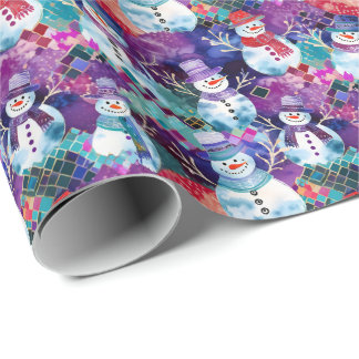 Papier Cadeau Motif de bonhommes de neige occupés colorés